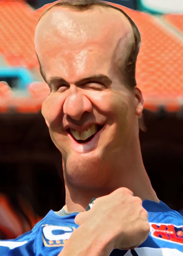 A figure stood before the vibrant haze, bearing a stretched forehead and chin. The visage called to mind memories of Peyton Manning on the field. Clad in blue, tinged with white and orange patches, Peyton smiled. It was a grin of quiet endurance against the blurred chaos behind the football champion.