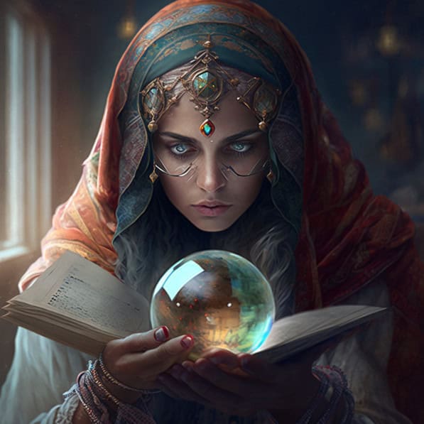 fortune teller looks in crystal ball