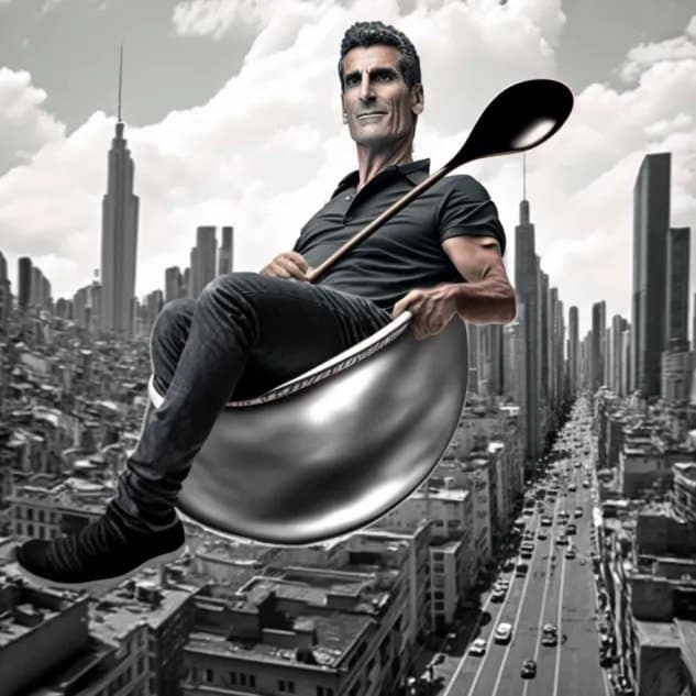 uri geller rides a giant spoon through city by Jon Finch