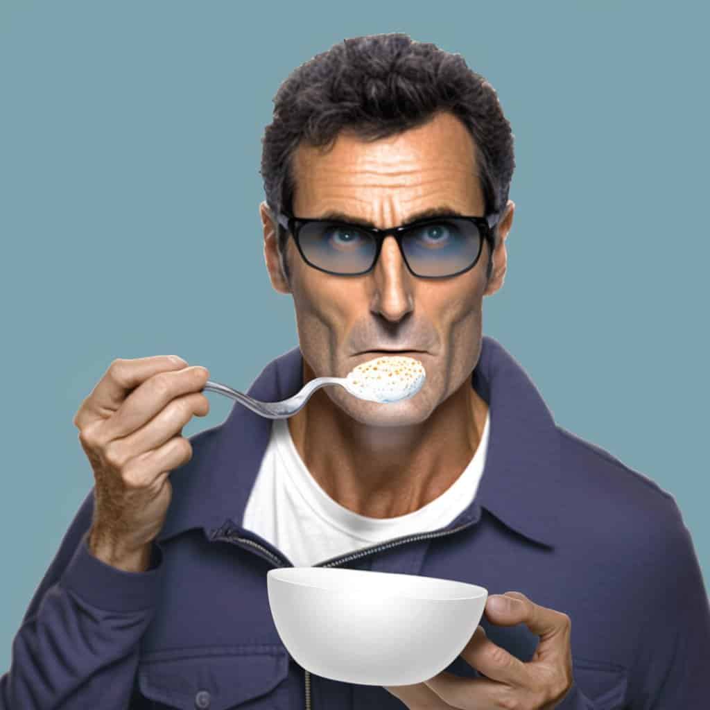 uri geller eating bowl of cereal with a bent spoon